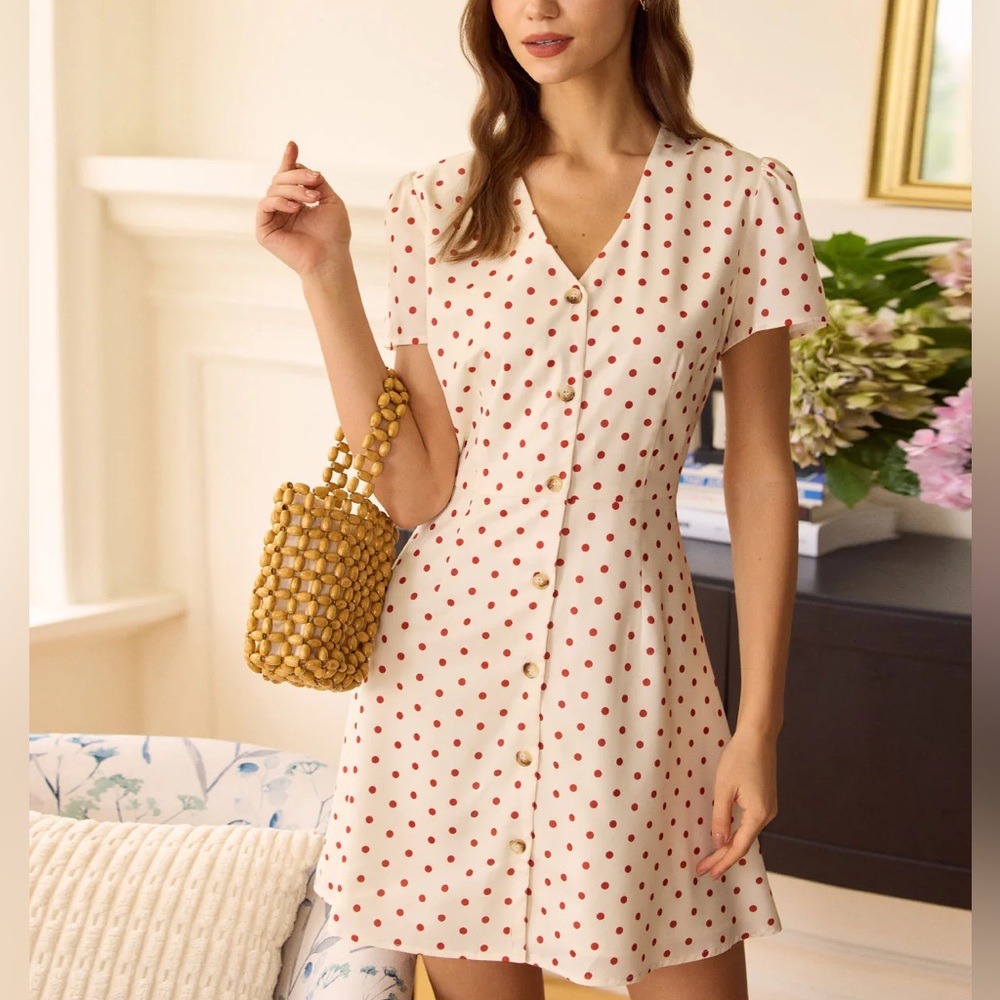Rihoas Beige Polka Dot Button Mini Dress